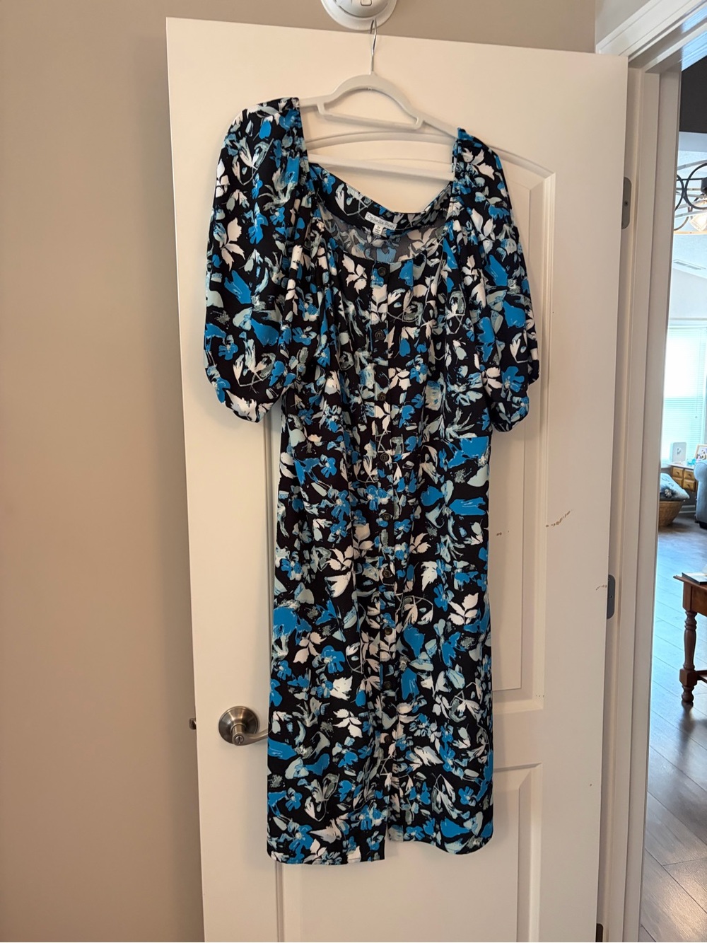 Blue Floral Puff-Sleeve Midi Dress Button Down